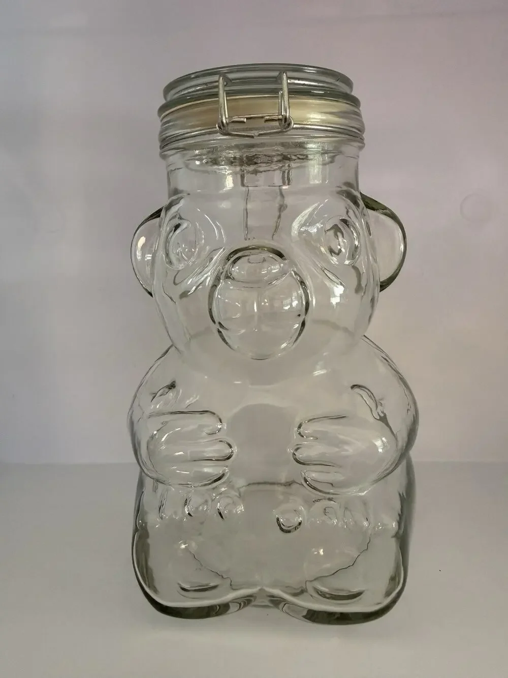 Vintage Glass Teddy Bear Jar Canister 9.5” Hermetic SVE Clear Made in Italy
